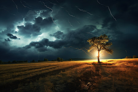 Ominous thunderstorm with multiple lightning strikes behind a solitary tree illuminated in a field at twilight. Generative AIの素材