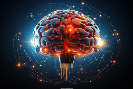 3D digital illustration of a human brain with glowing neural connections on a dark background. Generative AIの素材