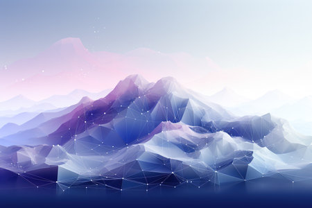 Polygonal art style mountain range bathed in the soft pastel colors of dawn, modern digital landscape. Generative AIの素材