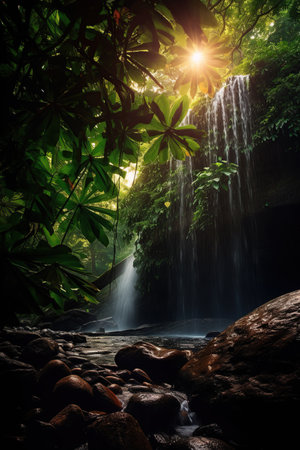 Glistening sunbeams break through the green forest canopy, highlighting a cascading waterfall. Generative AIの素材