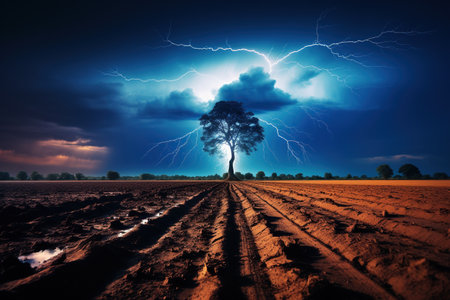 A dramatic scene unfolds as lightning forks across the dark, brooding sky, illuminating a single tree in an arid. Generative AIの素材