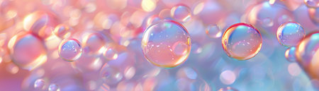 Vivid soap bubbles with iridescent reflections float dreamily over a bokeh-effect, glowing backdrop. Generative AIの素材