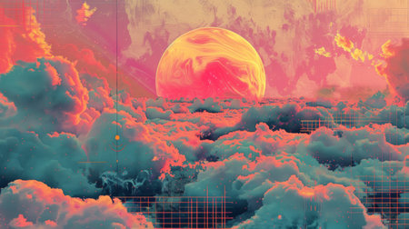 A vibrant digital artwork depicting a surreal, retro-futuristic sunrise amidst a sea of clouds, evoking nostalgia and wonder. Generative AIの素材
