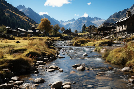A quaint mountain village with traditional wooden houses alongside a gentle river, set against a backdrop of autumnal alpine beauty. Generative AIの素材