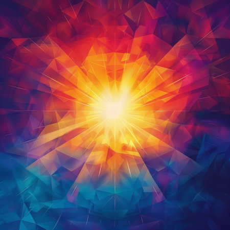 A dazzling low poly art piece that explodes with a burst of warm light from the center, transitioning to cooler hues outward. Generative AIの素材