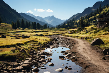 A peaceful mountain stream reflecting the sky snakes through a sun-drenched alpine meadow, with a backdrop of rugged mountains. Generative AIの素材
