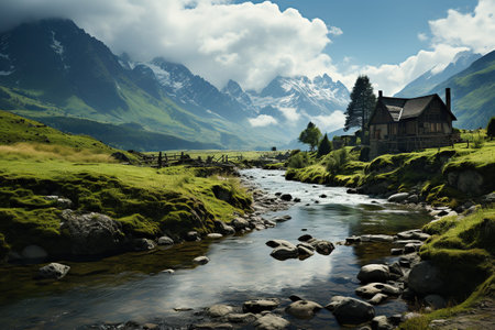 A quaint mountain home sits beside a crystal-clear stream, with dramatic snow-capped peaks and lush greenery under a cloud-filled sky. Generative AIの素材