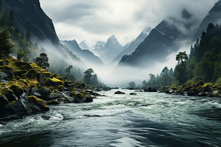 The raw power of a mountain river flows through a misty alpine valley, with sunrays piercing through the fog to reveal sharp mountain contours. Generative AIの素材