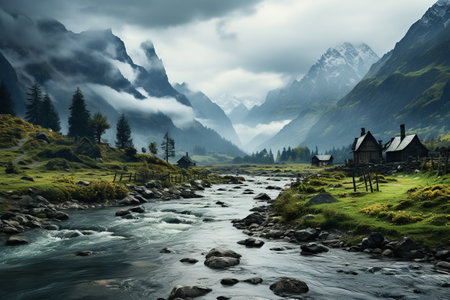 An enchanting view of a small alpine village by a flowing mountain river, with misty, majestic mountains rising in the background. Generative AIの素材