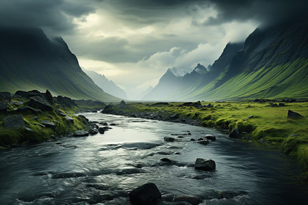 A gentle stream meanders through a lush, green valley surrounded by steep mountains under a dramatic, cloudy sky at dusk. Generative AIの素材