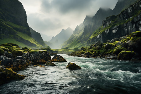 An enchanting river winds through a mystical mountain valley, with sunlight filtering through the mist, enhancing the verdant surroundings. Generative AIの素材