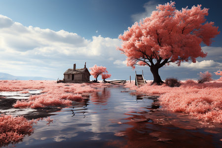 A whimsical scene with a flood surrounding an old house, under a sky dotted with clouds and pink foliage reflecting in the water. Generative AIの素材