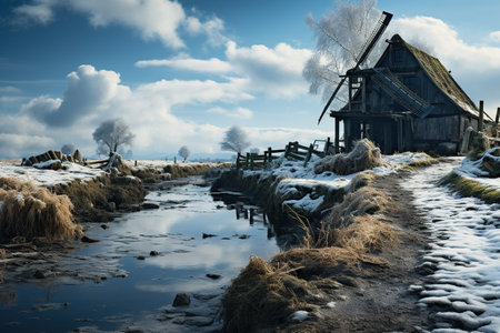A picturesque old mill stands resilient amid a frozen landscape, reflecting the quiet beauty of winter in the countryside. Generative AIの素材