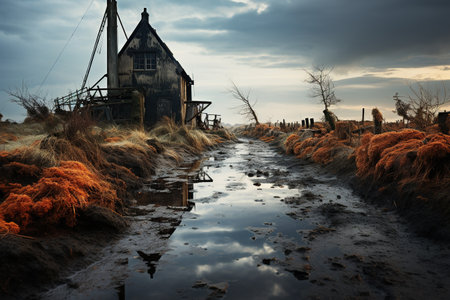 The last light of day casts a warm glow on an abandoned house, set in a desolate landscape with reflections in puddles. Generative AIの素材