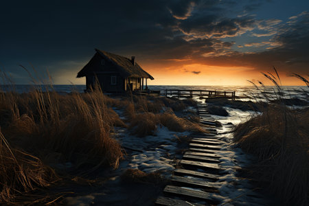 A serene scene of a thatched-roof seaside cottage during sunset, with a dramatic sky and the last light casting golden hues over the snow-covered path. Generative AIの素材