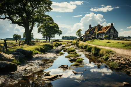 A picturesque rustic cottage stands beside a calm reflective stream, surrounded by verdant trees under a clear blue sky with fluffy clouds. Generative AIの素材