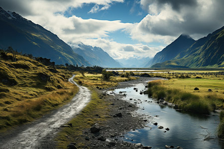 A winding stream flows through a lush green valley with towering mountains under a bright and sunny sky. Generative AIの素材