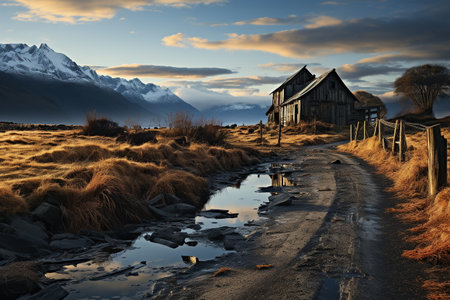 Sunset casts golden light on an abandoned homestead with a backdrop of majestic snow-capped mountains and reflective puddles on a rural path. Generative AIの素材