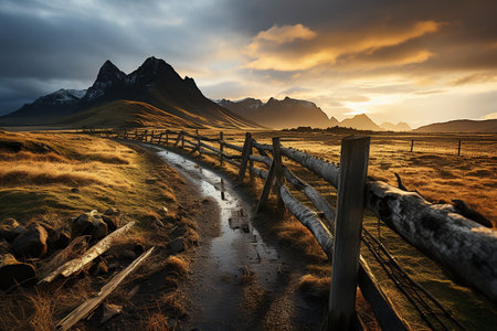 A muddy path lined by an old wooden fence guides the eye towards dramatic mountain peaks bathed in the warm glow of a setting sun. Generative AIの素材