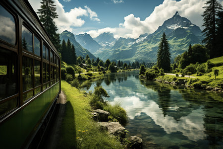 View from a scenic train ride revealing the tranquil beauty of a reflective mountain lake surrounded by alpine greenery and peaks. Generative AIの素材