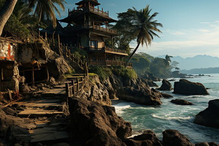 A multi-tiered house nestled on rugged coastal rocks, surrounded by palm trees, overlooking the serene ocean waves at dawn. Generative AIの素材
