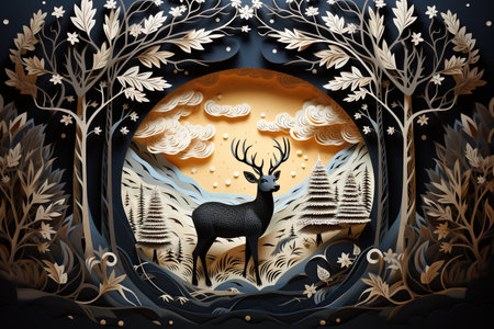A majestic stag stands in a dream-like winter forest, surrounded by intricate papercut trees under a soft, golden sky in this artistic creation. Generative AIの素材