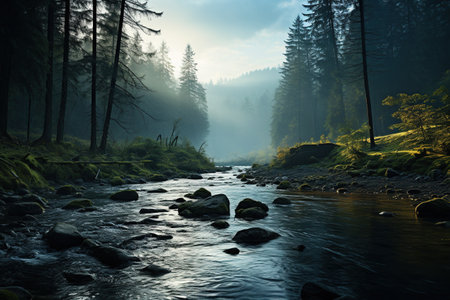 Rays of morning light pierce through the mist, illuminating a babbling mountain stream surrounded by the tranquil beauty of a forest. Generative AIの素材