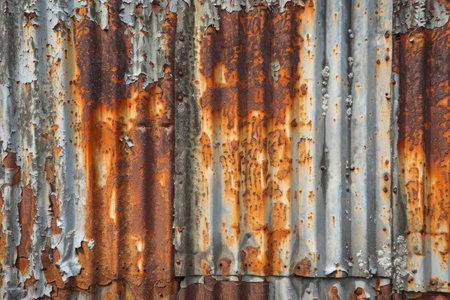 Weathered corrugated metal sheets display a rich tapestry of rust patterns and peeling paint, illustrating the beauty of decay.の素材