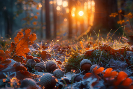 The first light of sunrise sets the frosted autumn leaves and acorns aglow, with each dewdrop reflecting the promise of a new day.の素材