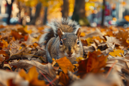 A curious squirrel peers forward surrounded by golden autumn leaves, with a soft-focus urban backdrop.の素材