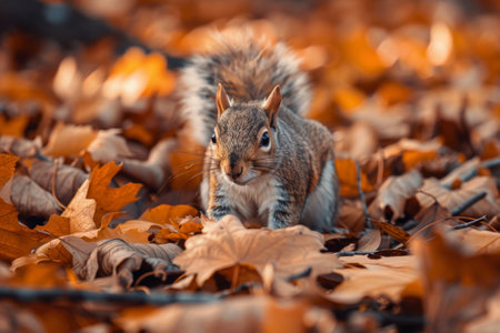 Inquisitive squirrel alert and poised among a blanket of warm-toned autumn leaves, eyes gleaming with curiosity.の素材