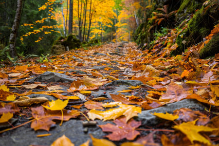 Low-angle view of a forest path covered with crisp, golden leaves, evoking the essence of a serene autumn walk.の素材