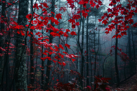 Deep red autumn leaves stand out against a mysterious, misty forest background, creating a strikingly eerie and atmospheric scene.の素材