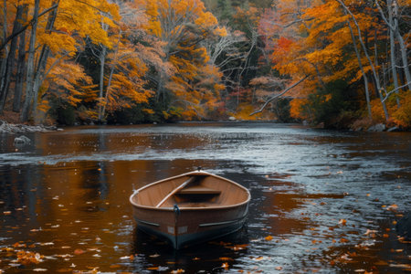 A solitary rowboat floats gently on a river, surrounded by a stunning display of autumn trees in vibrant orange hues, reflecting on the water's surface.の素材