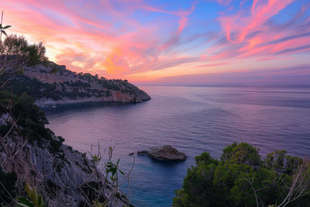 A serene pastel sunset reflects on tranquil coastal cliffs and a bay, creating a picturesque scene with warm hues and lush greenery.の素材