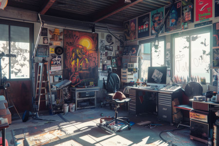 A creative artist's studio filled with digital monitors, traditional art supplies, and colorful paintings, showcasing a blend of digital and traditional art styles.の素材