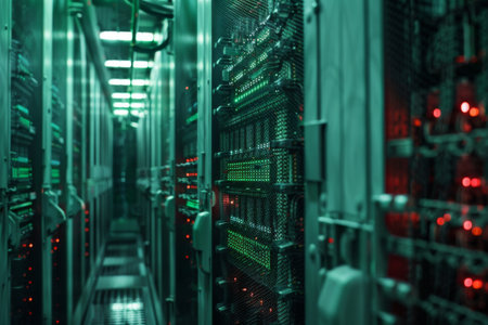 A futuristic data center corridor with high-tech server racks featuring glowing green and red lights, showcasing advanced technology in a cyberpunk atmosphere.の素材
