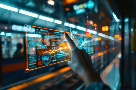 A hand interacting with a futuristic digital touchscreen displaying data, graphs, and global information in a neon-lit metro station.の素材