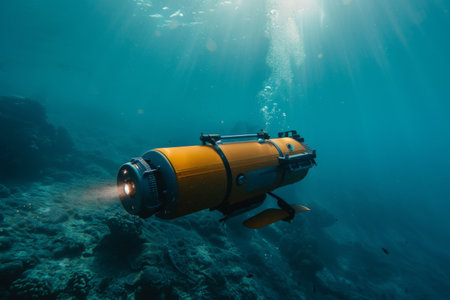 An advanced underwater submersible navigates the ocean depths, showcasing cutting-edge marine technology for deep-sea exploration and scientific research.の素材