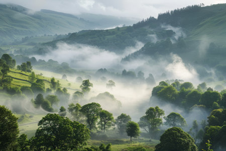 Early morning light filters through a misty, lush green valley, illuminating a winding road surrounded by vibrant forested hills.の素材