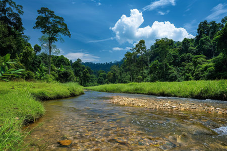 A tranquil meadow with a winding stream, surrounded by lush green forest and hills under a clear sky.の素材