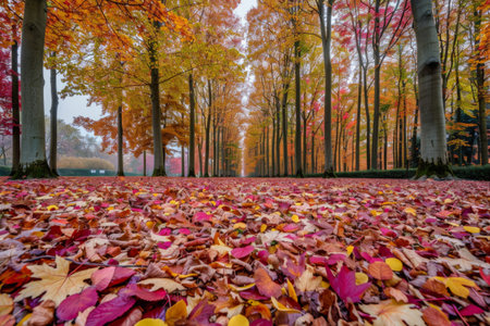 A scenic tree-lined pathway blanketed with vibrant autumn leaves, showcasing the beauty and tranquility of the fall season.の素材