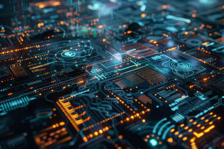 High-tech futuristic digital dashboard interface with glowing graphics, data visualizations, and interactive elements representing advanced technology and innovation.の素材