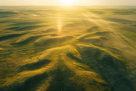 Rolling hills bathed in golden light at sunset, showcasing a stunning and expansive natural landscape.の素材