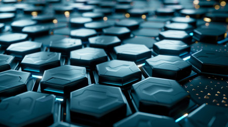 Abstract futuristic design featuring interconnected hexagonal patterns with glowing blue accents, creating a high-tech and modern visual effect.の素材