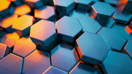 Abstract background with 3D hexagonal shapes in red and blue, featuring small scattered particles on a gradient surface.の素材