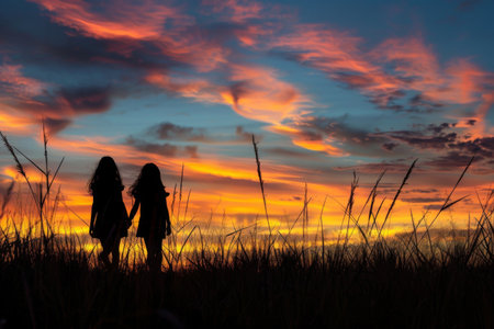 Two friends hold hands, silhouetted against a vibrant sunset sky with dramatic clouds, creating a heartwarming and picturesque scene.の素材