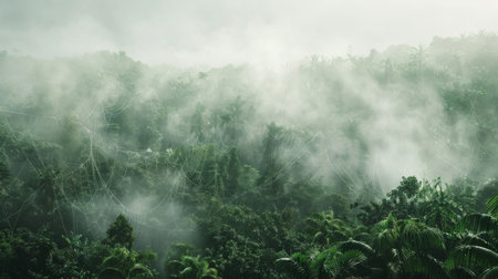 A delicate spider web glistening with dewdrops in a rainy forest, creating a serene and enchanting natural scene.の素材