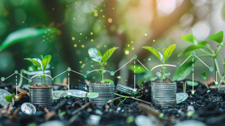 Young plants growing beside stacked coins with an upward trend arrow, symbolizing financial growth, investment, and eco-friendly business.の素材