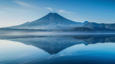 A stunning mountain landscape at sunrise, with the peak reflected perfectly in the calm waters of a tranquil lake.の素材